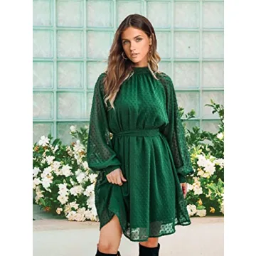 BBX Lephsnt Cocktail Dresses Long Sleeve, Wedding Guest Dresses for Women Summer Flowy Midi Dress with Belt Dark Green L