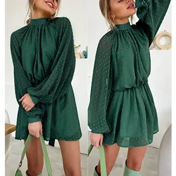 BBX Lephsnt Cocktail Dresses Long Sleeve, Wedding Guest Dresses for Women Summer Flowy Midi Dress with Belt Dark Green L