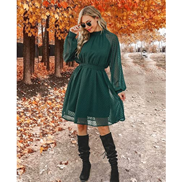BBX Lephsnt Cocktail Dresses Long Sleeve, Wedding Guest Dresses for Women Summer Flowy Midi Dress with Belt Dark Green L