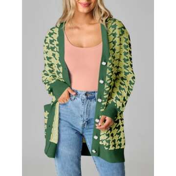Saodimallsu Womens Houndstooth Sweater Dress Checkered Long Sleeve Oversized Button Casual Cardigans with Pockets Green