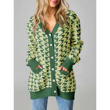 Saodimallsu Womens Houndstooth Sweater Dress Checkered Long Sleeve Oversized Button Casual Cardigans with Pockets Green