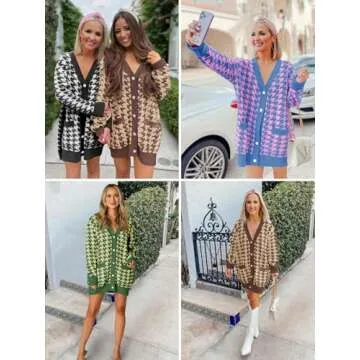 Saodimallsu Womens Houndstooth Sweater Dress Checkered Long Sleeve Oversized Button Casual Cardigans with Pockets Green