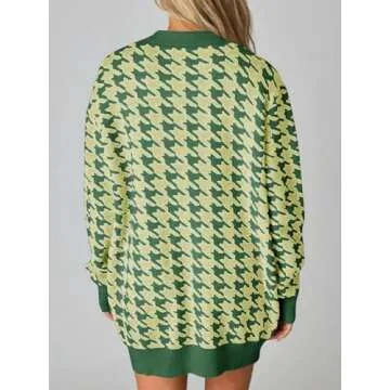 Saodimallsu Womens Houndstooth Sweater Dress Checkered Long Sleeve Oversized Button Casual Cardigans with Pockets Green