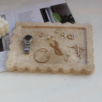 Elegant Natural Travertine Tray with Scalloped Edge