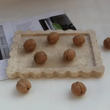 Elegant Natural Travertine Tray with Scalloped Edge