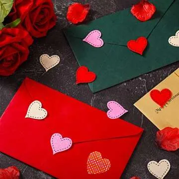 Valentine's Day Heart Felt Stickers 1.4in Stitched Felt Heart Shape Stickers Felt Love Decorations for Valentine's Day Wedding Party Decor DIY Crafts Supplies(Red, Pink, Beige, 150 Pieces)