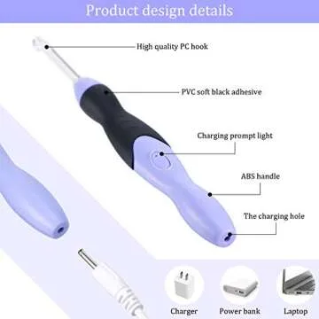 11 Sizes Lighted Crochet Hooks Set Rechargeable Crochet Hook Light Up Hooks with Case, Interchangeable Heads 2.5 mm to 8 mm for DIY Craft Supplies(Purple-Black)