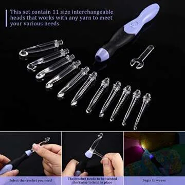 11 Sizes Lighted Crochet Hooks Set Rechargeable Crochet Hook Light Up Hooks with Case, Interchangeable Heads 2.5 mm to 8 mm for DIY Craft Supplies(Purple-Black)