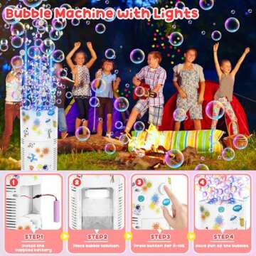 Panamalar Fireworks Bubble Machine, Kids Automatic Bubble Blower with Lights/Battery/DIY Sticker/80ml Solution, 10000+ Bubbles per Minute Electric Bubble Machine Making Toys for Outdoor Party Wedding