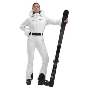 GSOU SNOW Ski Suit Womens One Piece Snowsuit Snowboard Jacket Slim Snow Jumpsuit Faux Fur Ski Outfit Waterproof Windproof Insulated,White M
