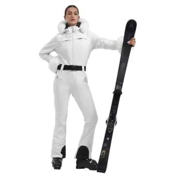 GSOU SNOW Ski Suit Womens One Piece Snowsuit Snowboard Jacket Slim Snow Jumpsuit Faux Fur Ski Outfit Waterproof Windproof Insulated,White M