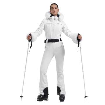 GSOU SNOW Ski Suit Womens One Piece Snowsuit Snowboard Jacket Slim Snow Jumpsuit Faux Fur Ski Outfit Waterproof Windproof Insulated,White M