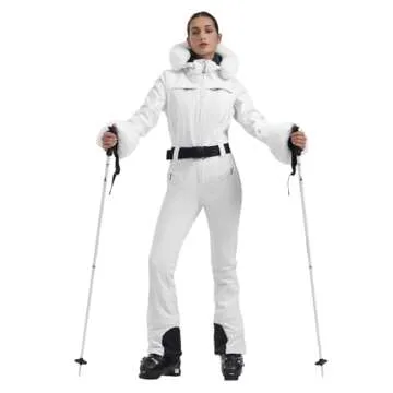 GSOU SNOW Ski Suit Womens One Piece Snowsuit Snowboard Jacket Slim Snow Jumpsuit Faux Fur Ski Outfit Waterproof Windproof Insulated,White M