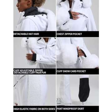 GSOU SNOW Ski Suit Womens One Piece Snowsuit Snowboard Jacket Slim Snow Jumpsuit Faux Fur Ski Outfit Waterproof Windproof Insulated,White M