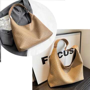 2024 Woven Leather Tote Bag for Women Top-handle Shoulder Bag, Hobo Bags Large Capacity Soft Vegan Crossbody Handbag Underarm (apricot)