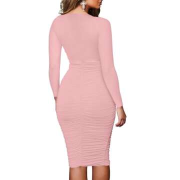 BEAGIMEG Women's Ruched Long Sleeve Elegant Bodycon Basic Casual Midi Dress