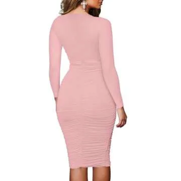 BEAGIMEG Women's Ruched Long Sleeve Elegant Bodycon Basic Casual Midi Dress