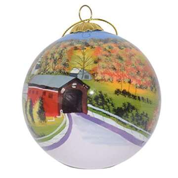 Blown Glass Christmas Ornament | Covered Bridge Jackson, New Hampshire | Hand Painted Inside | Original Art | Includes Gift Box