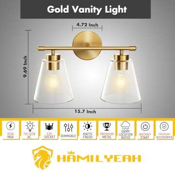 Hamilyeah Bathroom Vanity Light Fixtures Over Mirror, 2 Light Wall Light Fixture with Clear Glass Sh...