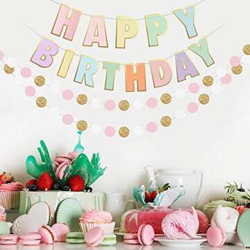 Pre-Strung Happy Birthday Banner and Decorations-Girls Toddler Birthday Decorations-Happy Birthday Banner and Dot Garland Pastel Colors