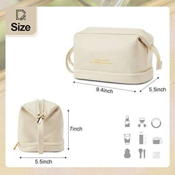 Travel Makeup Bag, Double Layer Cosmetic Bag, Large Zipper Pouch Makeup Organizer Bag, Waterproof Leather Makeup Bag, Portable Leather Toiletry Bag for Women and Girls (White)