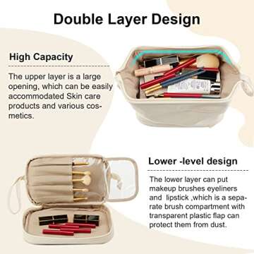 Travel Makeup Bag, Double Layer Cosmetic Bag, Large Zipper Pouch Makeup Organizer Bag, Waterproof Leather Makeup Bag, Portable Leather Toiletry Bag for Women and Girls (White)