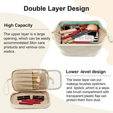 Travel Makeup Bag, Double Layer Cosmetic Bag, Large Zipper Pouch Makeup Organizer Bag, Waterproof Leather Makeup Bag, Portable Leather Toiletry Bag for Women and Girls (White)