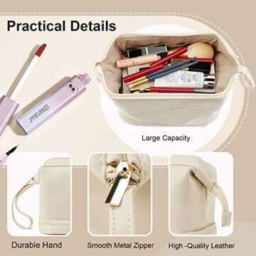 Travel Makeup Bag, Double Layer Cosmetic Bag, Large Zipper Pouch Makeup Organizer Bag, Waterproof Leather Makeup Bag, Portable Leather Toiletry Bag for Women and Girls (White)