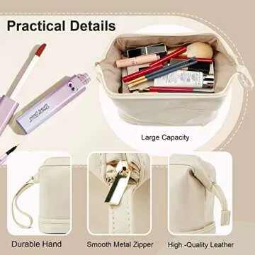 Travel Makeup Bag, Double Layer Cosmetic Bag, Large Zipper Pouch Makeup Organizer Bag, Waterproof Leather Makeup Bag, Portable Leather Toiletry Bag for Women and Girls (White)
