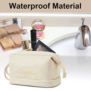 Travel Makeup Bag, Double Layer Cosmetic Bag, Large Zipper Pouch Makeup Organizer Bag, Waterproof Leather Makeup Bag, Portable Leather Toiletry Bag for Women and Girls (White)