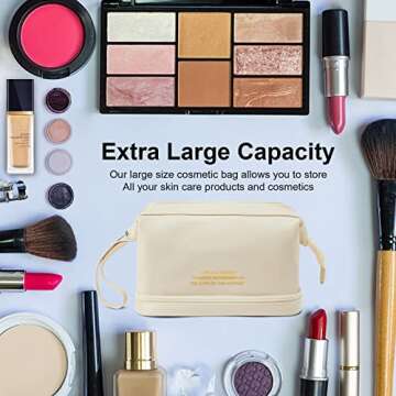 Travel Makeup Bag, Double Layer Cosmetic Bag, Large Zipper Pouch Makeup Organizer Bag, Waterproof Leather Makeup Bag, Portable Leather Toiletry Bag for Women and Girls (White)