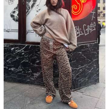 Leopard Print Pants for Women Animal Cheetah Print Pajama Pj Pants Y2k Wide Leg Going Out Pants Bottoms Streetwear