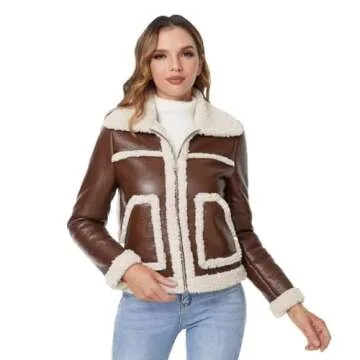 DIASHINY Women's Faux Shearing Fur Winter Coat Warm Thick Fur Lined Faux Leather Jacket (038 Brown,S...