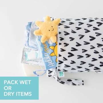 Bumkins Waterproof Wet Dry Bag for Baby, Travel, Swim Suit, Cloth Diapers, Pump Parts, Pool, Gym Clothes, Toiletry, Strap to Stroller, Daycare, Zip Reusable Bag, Wetdry Packing Pouch, Black Hearts