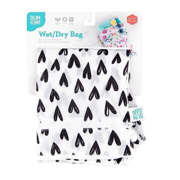 Bumkins Waterproof Wet Dry Bag for Baby, Travel, Swim Suit, Cloth Diapers, Pump Parts, Pool, Gym Clothes, Toiletry, Strap to Stroller, Daycare, Zip Reusable Bag, Wetdry Packing Pouch, Black Hearts