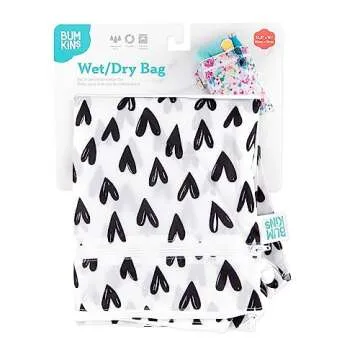 Bumkins Waterproof Wet Dry Bag for Baby, Travel, Swim Suit, Cloth Diapers, Pump Parts, Pool, Gym Clothes, Toiletry, Strap to Stroller, Daycare, Zip Reusable Bag, Wetdry Packing Pouch, Black Hearts