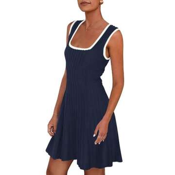 MASCOMODA Women 2025 Casual Summer Mini Dresses Sleeveless Sweater Dress Square Neck A Line Swing Knit Tank Short Dress (Dark Royal Blue,Large)