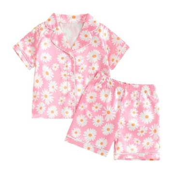Multitrust Kids Baby Girls Silk Pajamas Set Daisy Floral Girl Short Sleeve Button Down Shirts and Sh...