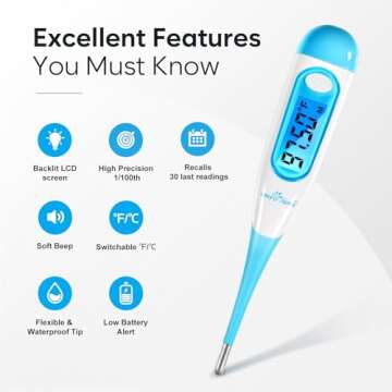 Easy@Home Digital Basal Thermometer with Blue Backlight LCD Display, 1/100th Degree High Precision a...