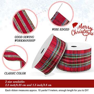 Gingham Ribbon Wired Edge Plaid Ribbon Buffalo Checked Cambridge Wired for Christmas DIY Craft Festival Party Supply, 11 Yard a Roll(1.5/2.5 Inch,Red and Light Green)