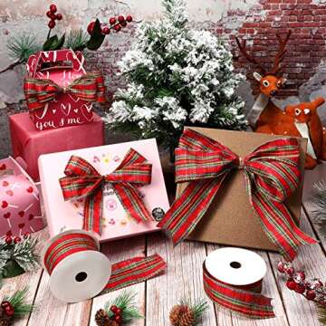 Gingham Ribbon Wired Edge Plaid Ribbon Buffalo Checked Cambridge Wired for Christmas DIY Craft Festival Party Supply, 11 Yard a Roll(1.5/2.5 Inch,Red and Light Green)