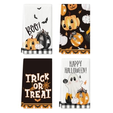 Artoid Mode Black Pumpkins Ghost Boo Happy Halloween Kitchen Towels Dish Towels, 18x26 Inch Trick Or...