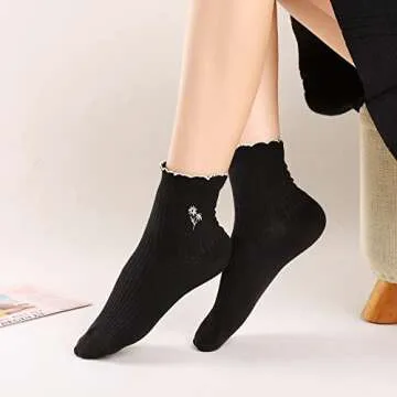 Mcool Mary Women's Ruffle Socks,Casual Cute Flower Embroidered Ankle Socks Breathable Cotton Knit Le...