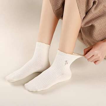 Mcool Mary Women's Ruffle Socks,Casual Cute Flower Embroidered Ankle Socks Breathable Cotton Knit Lettuce Crew Frilly Socks for Women 6 Pack