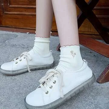 Mcool Mary Women's Ruffle Socks,Casual Cute Flower Embroidered Ankle Socks Breathable Cotton Knit Lettuce Crew Frilly Socks for Women 6 Pack