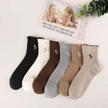 Mcool Mary Women's Ruffle Socks,Casual Cute Flower Embroidered Ankle Socks Breathable Cotton Knit Lettuce Crew Frilly Socks for Women 6 Pack
