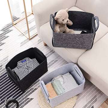 Minoisome Storage Basket Felt Storage Bin Collapsible& Convenient Box Organizer with Carry Handles for Office Bedroom Closet Babies Nursery Toys Laundry (Dark grey, 13.8inch（L）×9.5inch（W）×8.3inch（H）)