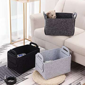 Minoisome Storage Basket Felt Storage Bin Collapsible& Convenient Box Organizer with Carry Handles for Office Bedroom Closet Babies Nursery Toys Laundry (Dark grey, 13.8inch（L）×9.5inch（W）×8.3inch（H）)