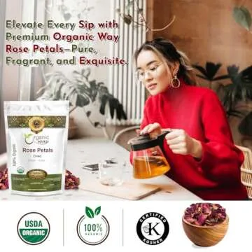 Organic Way Rose Petals Dried (Rosa Centifolia) - Pure, Edible & Fragrant for Tea | Organic & Kosher Certified | Raw, Vegan, Non GMO & Gluten Free | USDA Certified | Origin - India (1/2LBS / 8Oz)