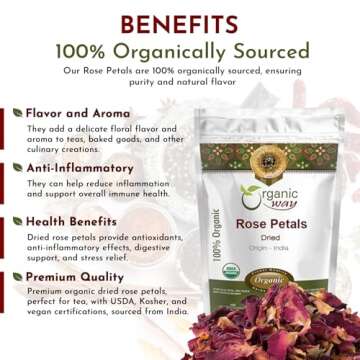 Organic Way Rose Petals Dried (Rosa Centifolia) - Pure, Edible & Fragrant for Tea | Organic & Kosher Certified | Raw, Vegan, Non GMO & Gluten Free | USDA Certified | Origin - India (1/2LBS / 8Oz)